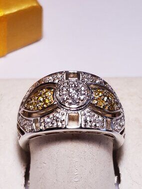 Estate .71ctw Natural Yellow Diam&Wht Tpz Fancy Sterling 925 wide Band Ring24418